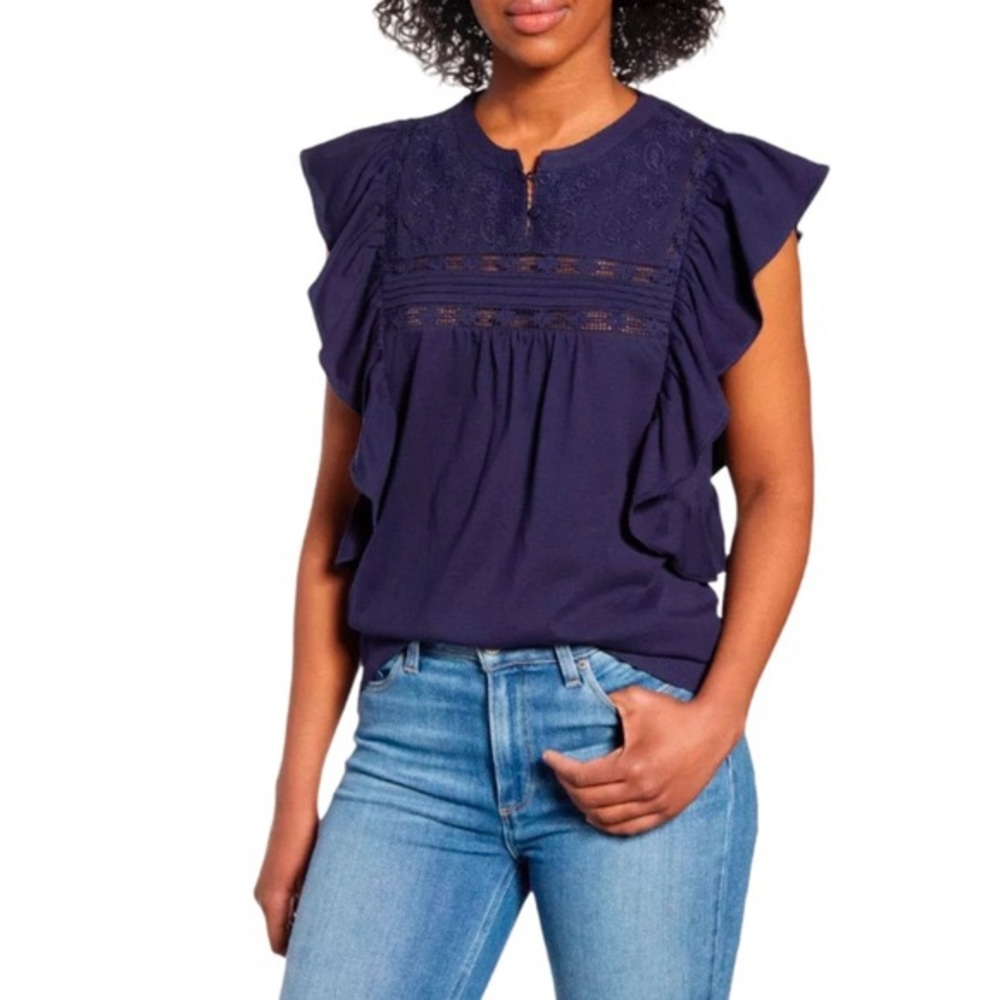 NWT Caslon Navy Blue Embroidered Yoke Ruffle Blouse